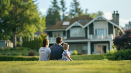 A family sits on the lawn in front of their new home