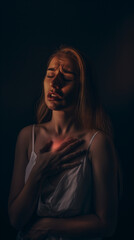 Woman clutching chest in pain with distressed expression.