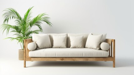 3D rendering of a modern interior furniture set featuring a sofa and a plant, isolated on a white background