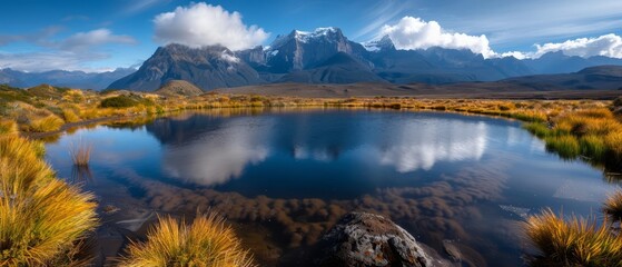  A vast expanse of water, encircled by a verdant meadow, lies before a distant mountain range, veiled in clouds