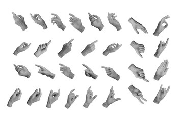Pointing, reaching out, touching, tapping with finger, gesturing, showing set, hand sign isolated...