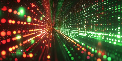 Fototapeta premium High-Tech Digital Grid Network with Green and Red Lights, Representing Scientific Research, Future Technology, Data Transmission, Information, Signal Source, Emission, Graphics, Glowing, Metaverse, AI