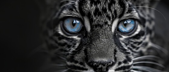  A monochrome image of a tiger's face bearing blue and white striped markings