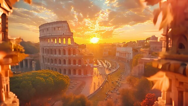 Landscape Scene of Colosseum at the sunset time, view from inside decorate home apartment, window and balcony view, holiday and tourist concept ,generative ai