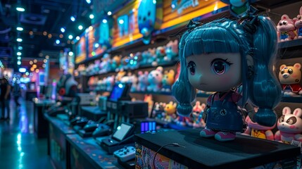 Gaming convention stage podium with cosplay characters, gaming consoles, and immersive gaming environment. , Minimalism,