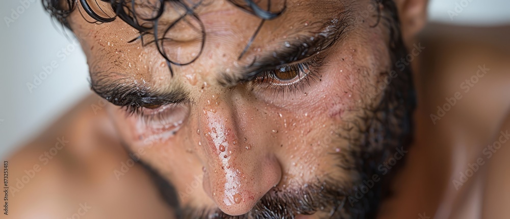 Canvas Prints  A tight shot of a man's visage, adorned with droplets of water on skin and slick, wet locks atop his head