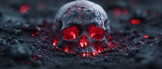 A tight shot of a skull on the earth, its eyes emitting scarlet light against a black backdrop