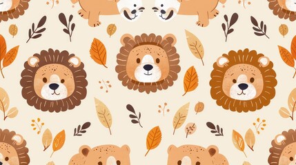 Adorable Bear and Lion Faces Pattern