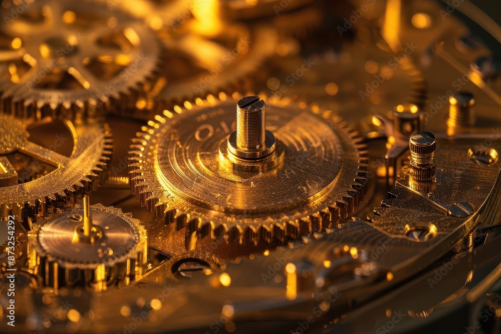 Poster intricate clockwork closeup gleaming brass gears and cogs interlocking in perfect harmony with subtl