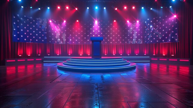 Political rally stage podium with political banners, rally crowd, and campaign slogans backdrop. , Minimalism,