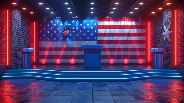 Political rally stage podium with political banners, rally crowd, and campaign slogans backdrop. , Minimalism,