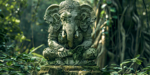 Obraz premium Ancient Stone Ganesha Statue in Lush Green Jungle Setting