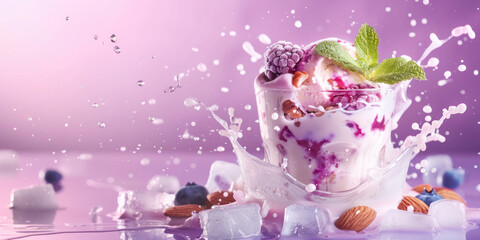 Blueberry and blackberry dessert with ice cream, nuts, and mint splashing out of a glass on a vibrant purple background.
