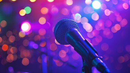 Obraz premium Close-up of a handheld microphone with colorful stage lights in the background