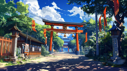 Obraz premium old Japanese village with an orange torii gate and red flags hanging from trees on a sunny day, in a cartoon style, 
