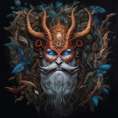 In the painting, a man with a beard and horns is depicted wearing a mask and surrounded by leaves. It conveys elements of art, darkness, and mythical creatures
