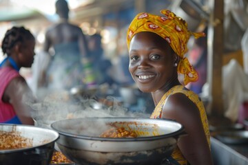 Portrait of a smiling African woman cooking traditional food in a large pot