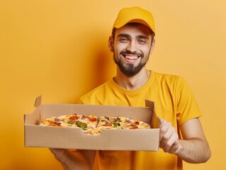 A happy pizza delivery man in a yellow uniform holds a pizza box, standing against a matching yellow background.