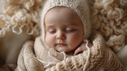 Close-up of a newborn baby wrapped in a soft, hand-knitted blanket