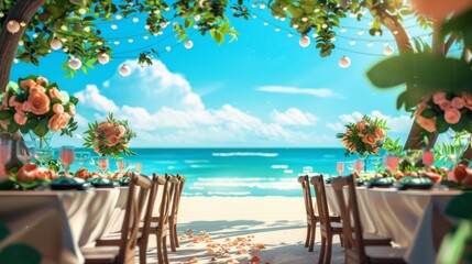 Obraz premium Decorated table reception at beach resort, Dinner, Wedding, Party, Honeymoon, Digital painting, Anime style.