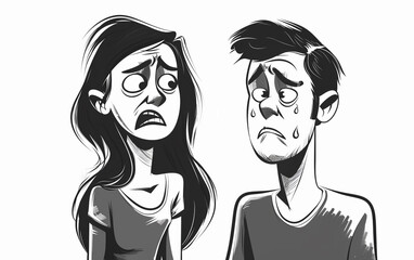 High contrast black and white cartoon-style image of a distressed woman and a man, using minimalist design and sketch-like lines. Strong emotional expressions. , full ultra hd, high resolution