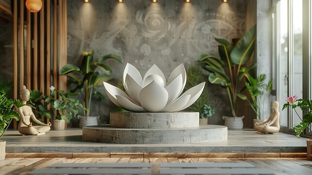 Yoga and mindfulness seminar stage podium with yoga poses, meditation graphics, and serene wellness atmosphere. , Minimalism,