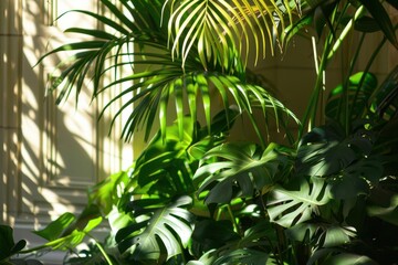 lush indoor tropical oasis diverse foliage of monstera palm and ferns create a verdant tapestry dappled sunlight filters through leaves casting intricate shadows in a serene space
