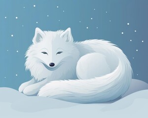 Arctic fox curled up in snow flat design top view winter theme cartoon drawing colored pastel
