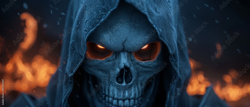 Wall mural  A hooded skull with glowing eyes and fiery eye emanations against a dark backdrop