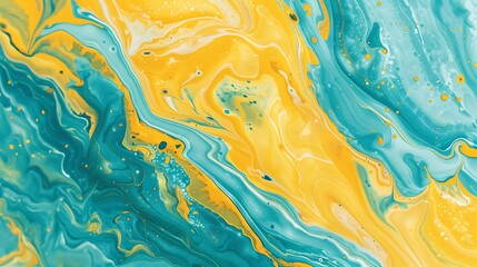 Lively marble ink art in shades of yellow and turquoise, dynamic patterns, minimalist approach on high-quality textured paper