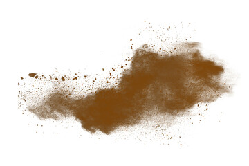 Brown powder explosion on white background. Colored cloud. Colorful dust explode. Paint Holi.