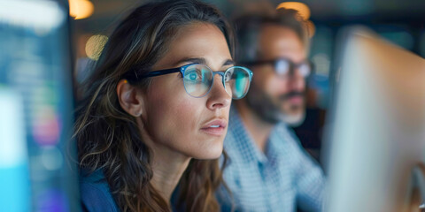 Fototapeta premium Focused Young Woman Working on Computer in Modern Office Environment