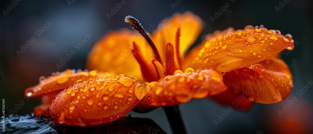 Wall mural  A macro shot of an orange blossom, adorned with dewdrops on its petals A verdant leaf lies in the background