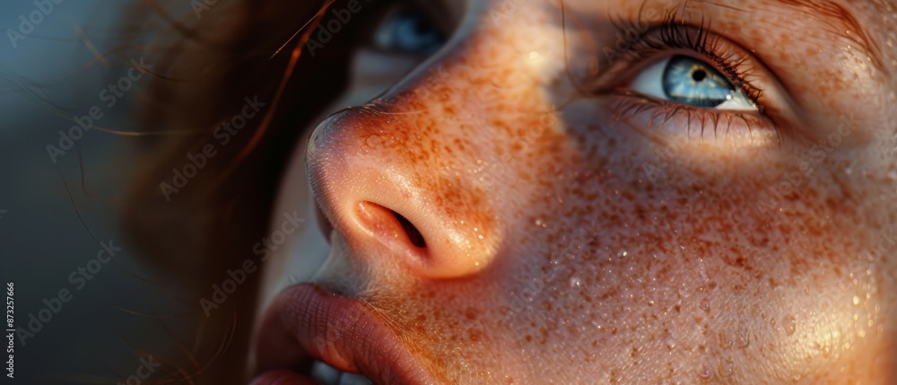 Wall mural  A tight shot of a woman's face adorned with freckles, her blue eyes gleaming prominently