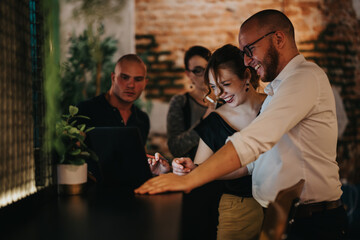 A lively business meeting with young professionals collaborating on strategy and growth in an indoor setting. Expressions of teamwork, discussion, and success.