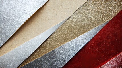 Fototapeta premium Pastel glitter cardboard sheets arranged above in shades of brown, white, red, and grey, sparkling and glossy.
