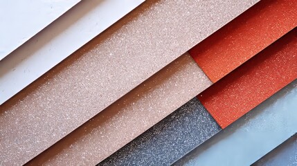 Pastel glitter cardboard sheets arranged above in shades of brown, white, red, and grey, sparkling and glossy.