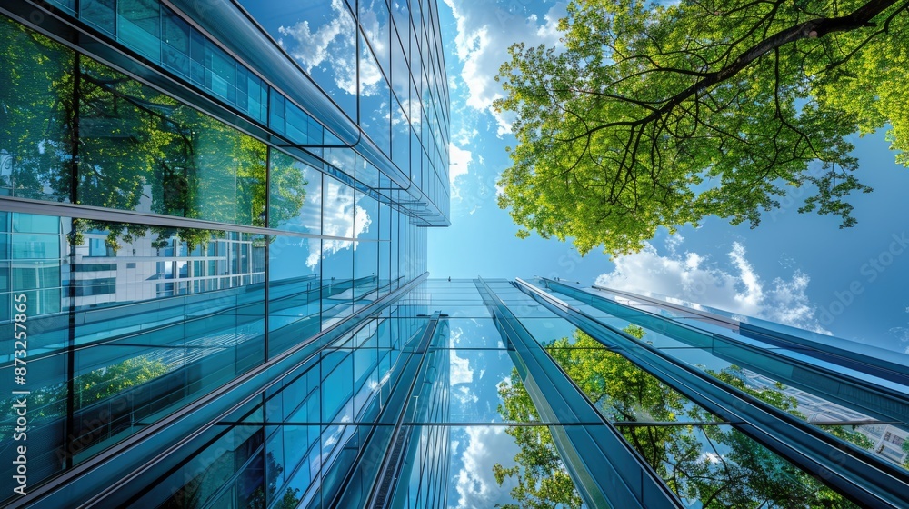 Poster tall building with a tree in the middle of it