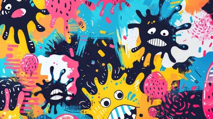 Funny virus illustrations with comical faces, surrounded by abstract shapes and bright hues