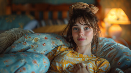 Woman in cozy home setting, wrapped in a patterned blanket.