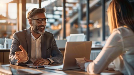Obraz premium Enthusiastic businessman conversing with female coworker at laptop in sleek office environment