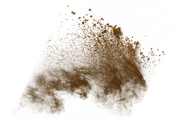 Brown powder explosion on white background. Colored cloud. Colorful dust explode. Paint Holi.