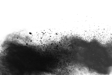 particles of charcoal on white background,abstract powder splatted on white background,Freeze motion of black powder exploding or throwing black powder.