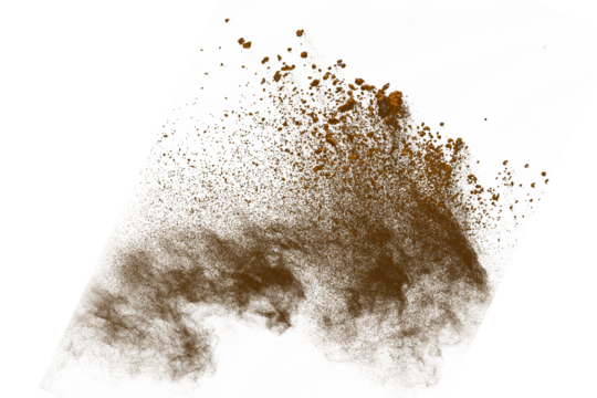 Brown powder explosion on white background. Colored cloud. Colorful dust explode. Paint Holi.