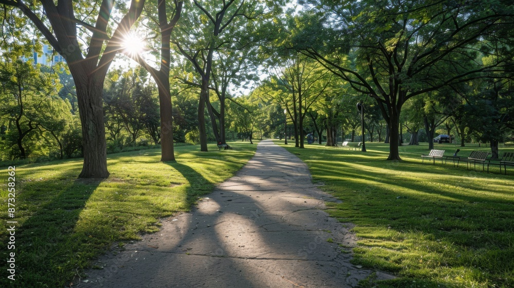 Aufkleber Shadows of trees cast on a sunlit pathway in a tranquil park setting