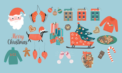 Big Christmas set of festive symbols and design elements. Cute flat illustration in hand drawn style on white background.