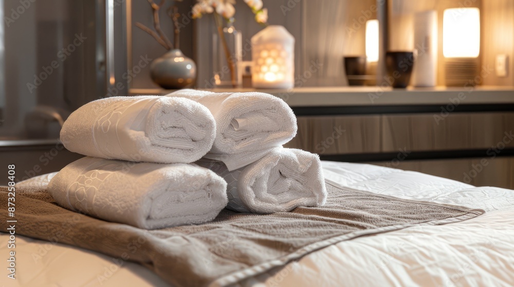 Poster spa towels neatly folded by bed for guest use