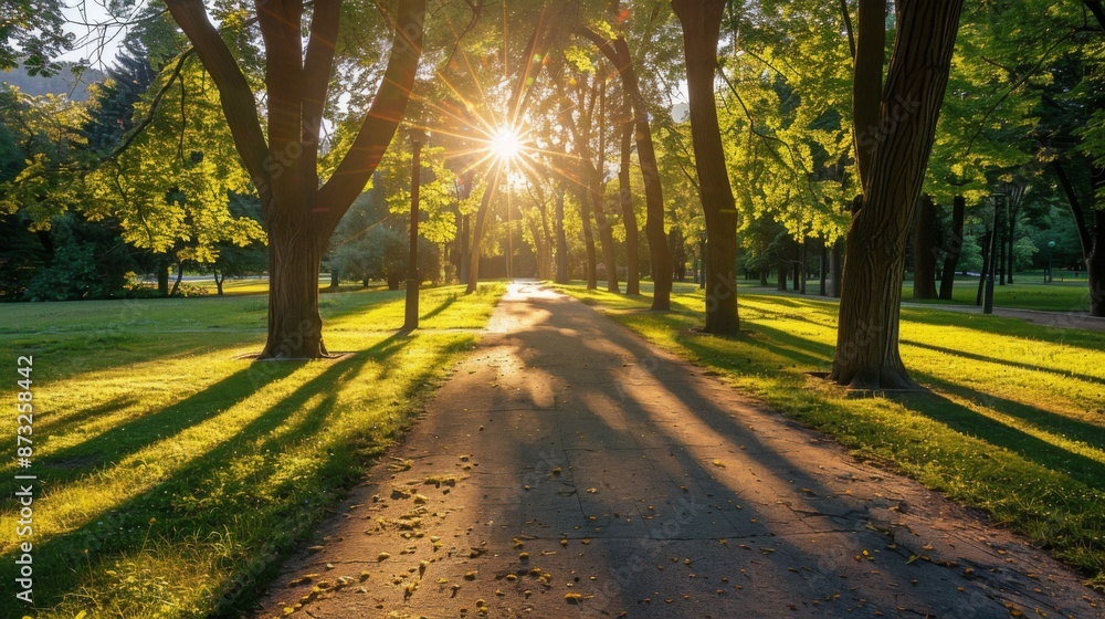Poster Shadows of trees cast on a sunlit pathway in a tranquil park setting