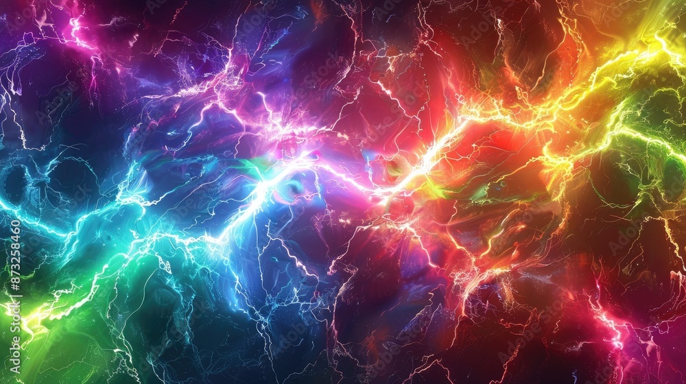 Poster futuristic rainbow lightning pattern on abstract background, blending vibrant colors in a dynamic an