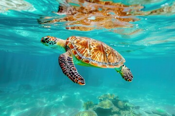 Obraz premium majestic sea turtle graceful turtle gliding through crystalclear turquoise waters underwater photography marine life conservation theme